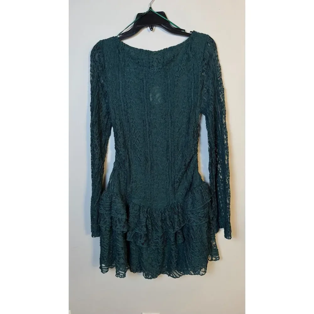 Free People Women's Tabby Tiered Mini Dress Seamoss Lace  – Sz L  NWT $128.